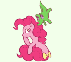 Size: 388x338 | Tagged: safe, artist:fizpup, derpibooru import, gummy, pinkie pie, alligator, earth pony, pony, bow, duo, female, green background, male, mare, no pupils, ponk, simple background, tail bow