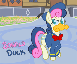 Size: 700x585 | Tagged: safe, artist:atlur, ponerpics import, bon bon, sweetie drops, pony, beak, bon bon is not amused, bonafied, bonpun, crossover, deleted from derpibooru, disney, donald duck, hollow bastion, pun, radiant garden, sailor uniform