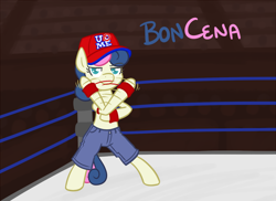 Size: 800x581 | Tagged: safe, artist:atlur, ponerpics import, bon bon, sweetie drops, pony, bedroom eyes, bipedal, bonafied, bonpun, clothes, crossover, deleted from derpibooru, hat, john cena, looking at you, meme, pants, smiling, smirk, solo, sweatband, topless, wrestling, wrestling ring, wristband, wwe, you can't see me