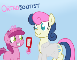 Size: 720x564 | Tagged: safe, artist:atlur, ponerpics import, bon bon, ruby pinch, sweetie drops, earth pony, pony, unicorn, bonafied, bonpun, braces, deleted from derpibooru, dentist, grin, levitation, magic, mirror, orthodontist, smiling