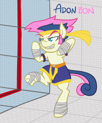 Size: 583x700 | Tagged: safe, artist:atlur, ponerpics import, bon bon, sweetie drops, pony, adon, bipedal, bonafied, bonpun, clothes, crossover, deleted from derpibooru, grin, headband, martial arts, muay thai, pants, solo, street fighter