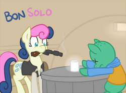 Size: 700x518 | Tagged: safe, artist:atlur, ponerpics import, bon bon, sweetie drops, pony, bonafied, bonpun, clothes, death, deleted from derpibooru, greedo, han shot first, han solo, mouth hold, ponified, shirt, star wars