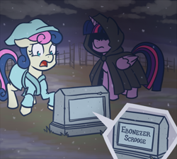 Size: 650x585 | Tagged: safe, artist:atlur, ponerpics import, diamond tiara, princess luna, alicorn, pony, a christmas carol, bonafied, bonpun, cloak, clothes, dead, deleted from derpibooru, ebenezer scrooge, epitaph, female, grave, gravestone, hilarious in hindsight, mare, open mouth, the ghost of christmas yet to come, tumblr