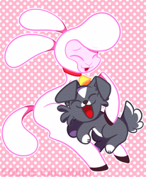 Size: 660x800 | Tagged: safe, artist:calamaricollie, derpibooru import, pom lamb, dog, lamb, sheep, them's fightin' herds, abstract background, bell, bell collar, collar, community related, cute, hug, polka dot background