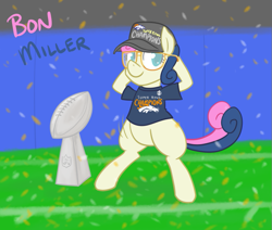 Size: 765x650 | Tagged: safe, artist:atlur, ponerpics import, bon bon, sweetie drops, pony, american football, bipedal, bonafied, bonpun, clothes, deleted from derpibooru, denver broncos, glasses, hat, nfl, nfl playoffs, shirt, solo, super bowl, super bowl 50, super bowl 50 champions, super bowl champions, trophy, von miller