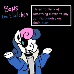 Size: 750x750 | Tagged: safe, artist:atlur, ponerpics import, bon bon, sweetie drops, bonafied, bonpun, comic sans, crossover, deleted from derpibooru, grin, one eye closed, pun, sans (undertale), solo, undertale, wink