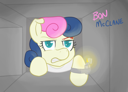 Size: 800x580 | Tagged: safe, artist:atlur, ponerpics import, bon bon, sweetie drops, blood, bon bon is not amused, bonafied, bonpun, crossover, deleted from derpibooru, die hard, duct tape, john mcclane, lighter, solo, unamused