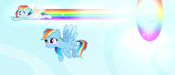 Size: 3200x1368 | Tagged: safe, artist:nakotl, derpibooru import, rainbow dash, oc, oc:rainbow galaxy, pegasus, pony, cutiespark, offspring, parent:rainbow dash, parent:soarin', parents:soarindash, sonic rainboom