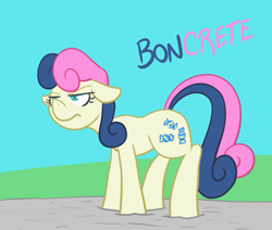 Size: 675x573 | Tagged: safe, artist:atlur, ponerpics import, bon bon, sweetie drops, bon bon is not amused, bonafied, bonpun, concrete, deleted from derpibooru, ears, floppy ears, lidded eyes, solo, stuck, unamused