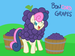 Size: 750x567 | Tagged: safe, artist:atlur, ponerpics import, bon bon, sweetie drops, bonafied, bonpun, cute, deleted from derpibooru, food, fruit, grapes, looking at you, open mouth, smiling, solo