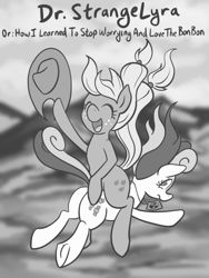 Size: 563x750 | Tagged: safe, artist:atlur, ponerpics import, applejack, bon bon, sweetie drops, earth pony, pony, bon butt, bonafied, bonpun, deleted from derpibooru, dr. strangelove, duo, eyes closed, falling, frown, grayscale, hat, hoof hold, jewelry, looking back, monochrome, necklace, nuclear trefoil, open mouth, plot, ponies riding ponies, pun, rodeo, smiling, this will end in death, this will end in explosions, underhoof, wide eyes, windswept mane