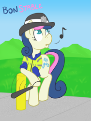 Size: 563x750 | Tagged: safe, artist:atlur, ponerpics import, bon bon, sweetie drops, baton, bonafied, bonpun, clothes, constable, deleted from derpibooru, fire hydrant, hat, leaning, looking up, music notes, police, police officer, pun, solo, uniform, whistle, whistling