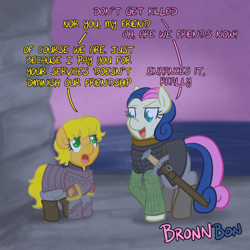 Size: 700x700 | Tagged: safe, artist:atlur, ponerpics import, bon bon, sweetie drops, earth pony, pony, armor, bonafied, bonpun, bronn, crossover, deleted from derpibooru, dialogue, duo, game of thrones, looking at each other, ponified, pun, smiling, sword, tyrion lannister, weapon