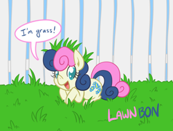 Size: 746x564 | Tagged: safe, artist:atlur, ponerpics import, bon bon, sweetie drops, earth pony, pony, adorabon, bonafied, bonpun, colored pupils, cute, deleted from derpibooru, dialogue, female, grass, looking at you, mare, open mouth, pun, silly, silly pony, solo