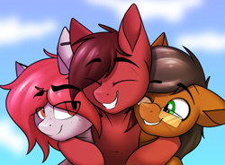 Size: 1160x852 | Tagged: safe, artist:notetaker, derpibooru import, oc, oc only, oc:chance, oc:notetaker, oc:scarlett lane, earth pony, pegasus, pony, eyebrows visible through hair, glasses, group hug, hug, piercing, sky