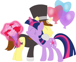 Size: 3558x2915 | Tagged: safe, artist:porygon2z, derpibooru import, twilight sparkle, unicorn twilight, oc, oc:hocus pocus, pony, unicorn, balloon, canon x oc, duo, eyes closed, female, glowing horn, horn, hug, levitation, magic, magic aura, male, shipping, straight, telekinesis, unicorn oc