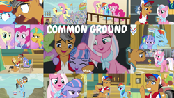Size: 1974x1111 | Tagged: safe, derpibooru import, edit, edited screencap, editor:quoterific, screencap, caramel, clear sky, daisy, flower wishes, fluttershy, orion, pinkie pie, quibble pants, rainbow dash, shooting star (character), snails, wind sprint, earth pony, pegasus, pony, unicorn, common ground, angry, clothes, duo, duo female, eyes closed, facewing, female, glowing horn, grin, gritted teeth, hat, horn, magic, magic aura, nervous, nervous grin, open mouth, smiling, solo, trio, trio female, unamused, vest, whistle
