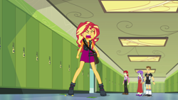 Size: 1920x1080 | Tagged: safe, derpibooru import, screencap, nolan north, starlight, sunset shimmer, teddy t. touchdown, better together, equestria girls, forgotten friendship, canterlot high, clothes, cutie mark, cutie mark on clothes, eyes closed, geode of empathy, hallway, lockers, magical geodes, screaming