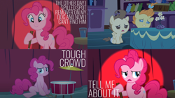 Size: 1986x1117 | Tagged: safe, derpibooru import, edit, edited screencap, editor:quoterific, screencap, pinkie pie, pound cake, pumpkin cake, earth pony, pegasus, pony, unicorn, baby cakes, baby, drums, drumsticks, female, male, musical instrument, self talk