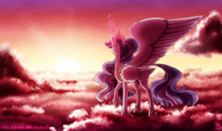 Size: 2700x1600 | Tagged: safe, artist:inuhoshi-to-darkpen, derpibooru import, princess twilight 2.0, twilight sparkle, twilight sparkle (alicorn), alicorn, pony, the last problem, cloud, crown, female, glowing horn, horn, jewelry, mare, regalia, solo, sun, sunrise, wing fluff