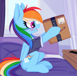 Size: 1342x1339 | Tagged: safe, artist:omi, derpibooru import, rainbow dash, pegasus, pony, amazon box, bed, bedroom, blushing, clothes, cute, dashabetes, female, hoof hold, mare, on bed, shirt, sitting, smiling, solo, t-shirt