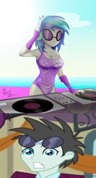 Size: 1200x2200 | Tagged: safe, artist:danielitamlp, derpibooru import, edit, screencap, dj pon-3, neon lights, vinyl scratch, equestria girls, friendship games, beach, big breasts, breasts, clothes, cropped, female, gloves, headphones, long gloves, male, ocean, one-piece swimsuit, raised arm, shipping, shipping domino, smiling, straight, sun, sunglasses, swimsuit, turntable, vinyl stacked, vinylights