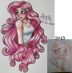 Size: 1709x1728 | Tagged: safe, artist:jack-pie, derpibooru import, fluttershy, human, 2021 vs, breasts, cleavage, clothes, humanized, redraw, sleeveless, tanktop, traditional art