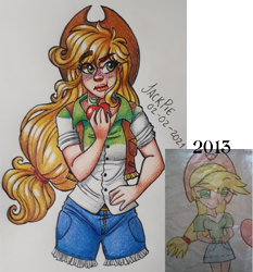 Size: 1620x1737 | Tagged: safe, artist:jack-pie, derpibooru import, applejack, human, 2021 vs, breasts, cutie mark on human, eating, freckles, hand on hip, humanized, redraw, traditional art