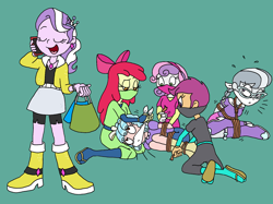 Size: 1738x1299 | Tagged: safe, artist:bugssonicx, derpibooru import, apple bloom, cozy glow, diamond tiara, scootaloo, silver spoon, sweetie belle, equestria girls, bondage, bound and gagged, brightly colored ninjas, cellphone, cloth gag, cutie mark crusaders, gag, gagging, kidnapped, kunoichi, mask, ninja, oblivious, phone, rope, rope bondage, sandals, tied up, tying
