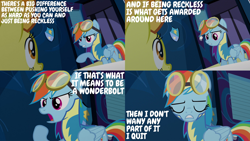 Size: 1986x1117 | Tagged: safe, derpibooru import, edit, edited screencap, editor:quoterific, screencap, rainbow dash, spitfire, pegasus, pony, wonderbolts academy, angry, clothes, duo, eyes closed, female, goggles, open mouth, uniform, wonderbolts uniform