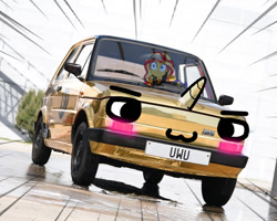 Size: 900x720 | Tagged: safe, derpibooru import, edit, editor:shyinka, sunset shimmer, oc, oc:fiat 126p, equestria girls, fabulous, fiat, fiat 126p, gold, owo, speed lines, uwu