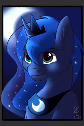 Size: 862x1300 | Tagged: safe, artist:zobaloba, derpibooru import, princess luna, alicorn, pony, bust, crescent moon, crown, cute, ear fluff, ears, ethereal mane, fanart, female, jewelry, mare, moon, necklace, night, regalia, smiling, starry mane
