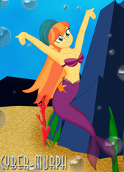 Size: 1928x2664 | Tagged: safe, artist:cyber-murph, derpibooru import, orange sunrise, mermaid, equestria girls, equestria girls series, arms in the air, beanie, belly, belly button, bikini, bra, breasts, bubble, cleavage, clothes, coral, cute, flowing hair, hat, mermaidized, midriff, seashell bra, seaweed, signature, species swap, swimsuit, underwater