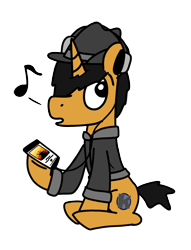 Size: 1144x1500 | Tagged: safe, artist:kaokraft, derpibooru import, oc, oc:kaokraft, pony, unicorn, black mane, clothes, fedora, hair over one eye, hat, headphones, i can't fix you, jacket, marigold, music notes, phone