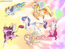 Size: 1024x768 | Tagged: safe, artist:malinraf1615, derpibooru import, applejack, fluttershy, pinkie pie, rainbow dash, rarity, twilight sparkle, twilight sparkle (alicorn), alicorn, earth pony, pegasus, pony, unicorn, alternate design, balloon, floating, mane six, then watch her balloons lift her up to the sky