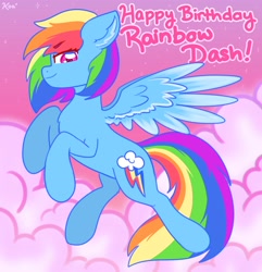 Size: 2800x2900 | Tagged: safe, artist:koa, derpibooru import, rainbow dash, pegasus, pony, cloud, ear fluff, ears, female, flying, happy birthday, high res, mare, profile, rainbow dash day, rainbow dash's birthday, sky, solo, spread wings, wings