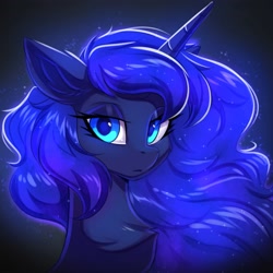 Size: 4000x4000 | Tagged: safe, artist:ask-colorsound, derpibooru import, princess luna, alicorn, pony, absurd resolution, black background, bust, chest fluff, colored pupils, ear fluff, ears, female, lidded eyes, looking at you, mare, portrait, simple background, solo