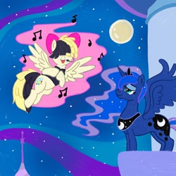 Size: 1080x1080 | Tagged: safe, artist:mediocre.mare, derpibooru import, princess luna, songbird serenade, alicorn, pegasus, pony, my little pony: the movie, clothes, duo, female, flying, full moon, headworn microphone, horn, jewelry, mare, moon, music notes, outdoors, peytral, singing, tiara, wings