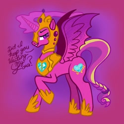 Size: 1080x1080 | Tagged: safe, artist:mediocre.mare, derpibooru import, princess cadance, alicorn, pony, abstract background, female, glowing horn, helmet, hoof shoes, horn, mare, nightmare cadance, nightmarified, raised hoof, raised leg, smiling, smirk, solo