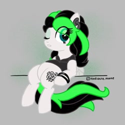 Size: 1080x1080 | Tagged: safe, artist:mediocre.mare, derpibooru import, oc, oc only, earth pony, pony, bracelet, clothes, earth pony oc, eyelashes, female, gray background, jewelry, mare, one eye closed, simple background, sitting, solo, wink