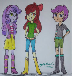 Size: 1355x1443 | Tagged: safe, artist:amyrosexshadowlover, derpibooru import, apple bloom, scootaloo, sweetie belle, equestria girls, boots, bow, clothes, cutie mark crusaders, hair bow, hand on hip, shoes, shorts, signature, skirt, smiling, traditional art