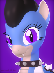 Size: 2160x2907 | Tagged: source needed, safe, artist:mod-madclicker, derpibooru import, oc, oc:astre de noire, hybrid, original species, fangs, looking at you, purple background, simple background, solo