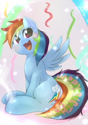 Size: 1430x2048 | Tagged: safe, artist:kurogewapony, derpibooru import, rainbow dash, pegasus, pony, blushing, female, looking at you, mare, open mouth, sitting, smiling, solo, streamers