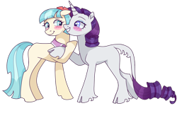 Size: 1000x640 | Tagged: safe, artist:atlantropa, derpibooru import, coco pommel, rarity, classical unicorn, earth pony, pony, unicorn, blush sticker, blushing, cloven hooves, female, leonine tail, lesbian, mare, marshmallow coco, shipping, simple background, transparent background, unshorn fetlocks