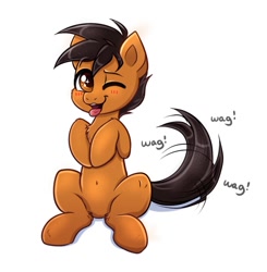 Size: 1196x1219 | Tagged: safe, artist:confetticakez, derpibooru import, oc, oc only, earth pony, pony, behaving like a dog, blushing, one eye closed, open mouth, smiling, solo, tail wag, tongue out, wink