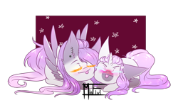 Size: 2632x1556 | Tagged: safe, artist:minelvi, derpibooru import, oc, oc only, pegasus, pony, :p, blushing, chibi, duo, eyes closed, female, lying down, mare, pegasus oc, prone, signature, simple background, tongue out, transparent background, wings