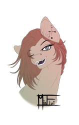 Size: 798x1266 | Tagged: safe, artist:minelvi, derpibooru import, oc, oc only, earth pony, pony, bust, ear fluff, ear piercing, ears, earth pony oc, eyelashes, fangs, one eye closed, open mouth, piercing, signature, simple background, smiling, solo, transparent background, wink