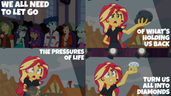 Size: 1986x1117 | Tagged: safe, derpibooru import, edit, edited screencap, editor:quoterific, screencap, blueberry cake, curly winds, ginger owlseye, lyra heartstrings, normal norman, sandalwood, some blue guy, sunset shimmer, better together, equestria girls, opening night, crowd, diamond, dust, female, hamlet, male, open mouth, william shakespeare