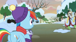 Size: 1280x720 | Tagged: safe, derpibooru import, screencap, discord, rainbow dash, draconequus, pegasus, pony, best gift ever, butt, clothes, duo, female, hat, holding hands, male, mare, plot, rainbutt dash, sad, scarf, self paradox, surprised, walking, winter hat, winter outfit, winter scarf