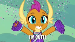 Size: 800x450 | Tagged: safe, derpibooru import, edit, edited screencap, screencap, smolder, dragon, 2 4 6 greaaat, caption, cheerleader smolder, cute, dragoness, female, i'm cute, image macro, imgflip, smiling, smolderbetes, solo, teenaged dragon, teenager, text